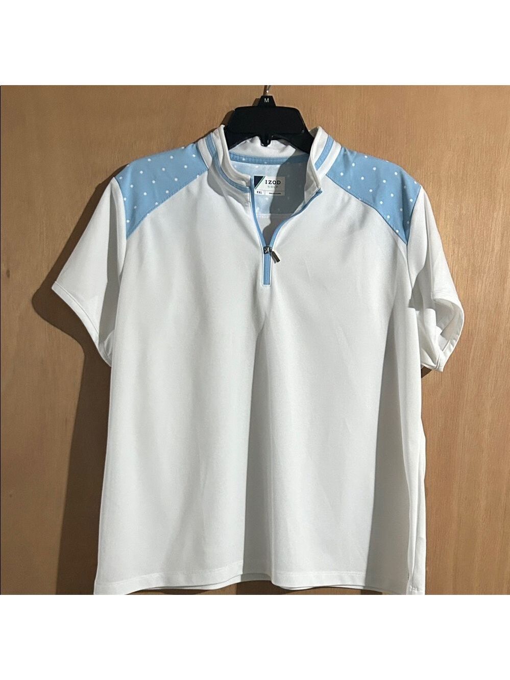 Izod White Short Sleeve Polo with Light Blue Polka Dot Accents